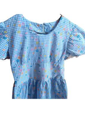 True Vintage Dress Girls 8 70's Blue Gingham Floral Short Sleeve Lace Trim Party